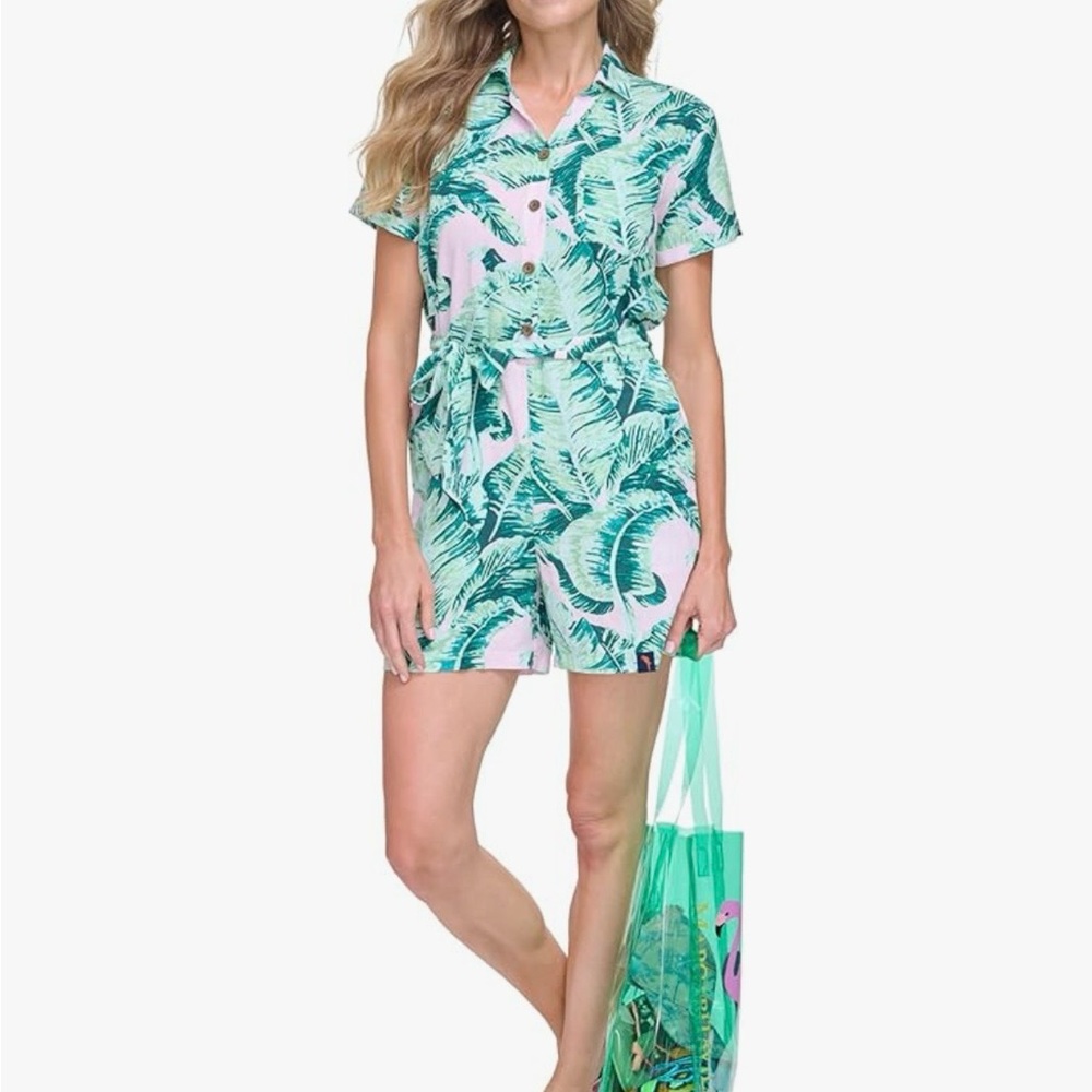 Margaritaville Tropical Leaf Short-Sleeve Romper - Green & Pink
